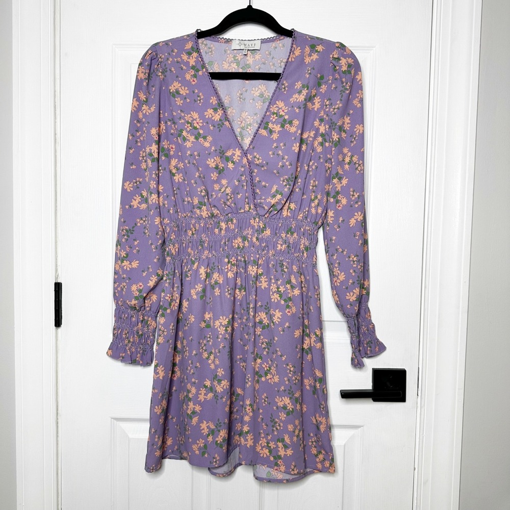 WAYF Floral Print V Neck Smocked Waist Long Sleeve Mini Dress Lavender  Size‎ M